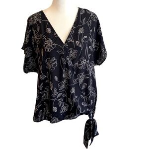 West Kei blouse. Size L. Navy blue floral pattern. Tie side.